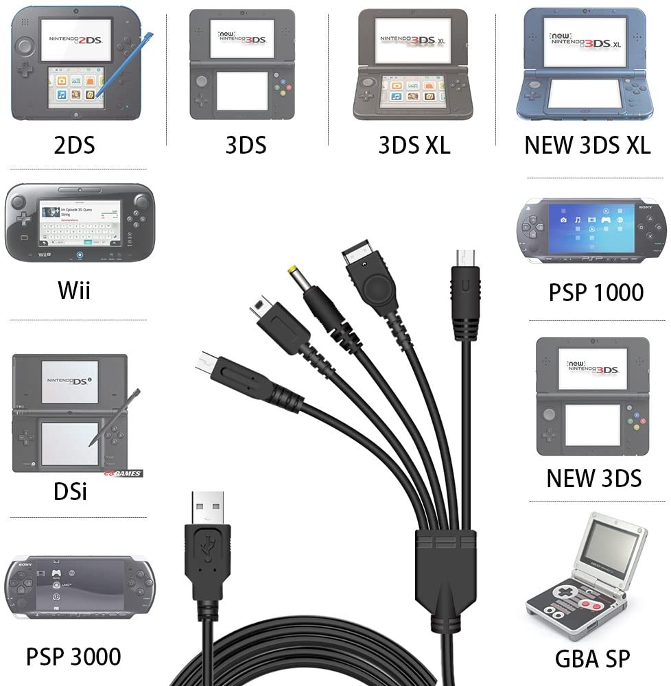 sneen Håndbog Vis stedet 5 in 1 USB Charger Cable for Nintendo DS Lite/Wii U/New 3DS (XL/LL), 3 –  6amgame