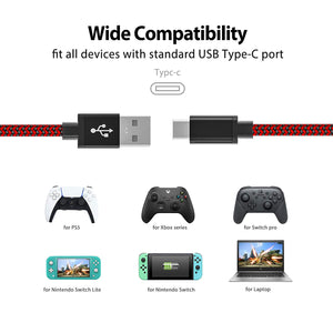 2 Pack 10FT PS5 Controller Charger Charging Cable Nylon Braided Extra Long USB Type C High Speed Data Sync Replacement Cord