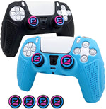 2 Pack Black and Blue Controller Skin + 4 Thumb Grips PS5 Controller Skins Cover Anti-Slip Silicone Controller Grip
